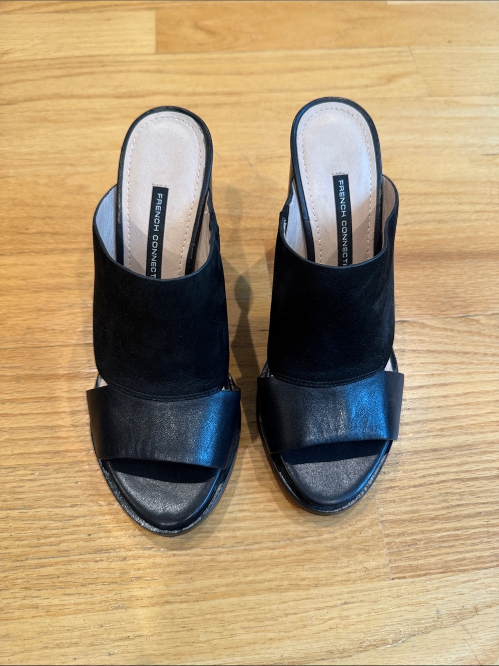 French Connection Black Leather & Suede Slide Mules